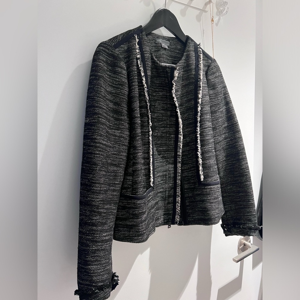 Vince Black/White Fringe-Trim Boucle Collarless Zip Up Jacket